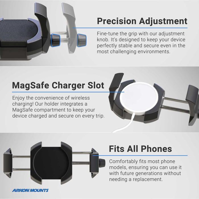 The RoadVise® Ultra Phone and Tablet Clamp Post Mount for Handlebars and Posts features an adjustment knob, MagSafe charger slot, padded grips, precision adjustment, post mount compatibility, and fits most phone models.
