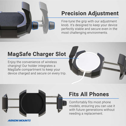 The RoadVise® Ultra Phone and Tablet Clamp Post Mount for Handlebars and Posts features an adjustment knob, MagSafe charger slot, padded grips, precision adjustment, post mount compatibility, and fits most phone models.
