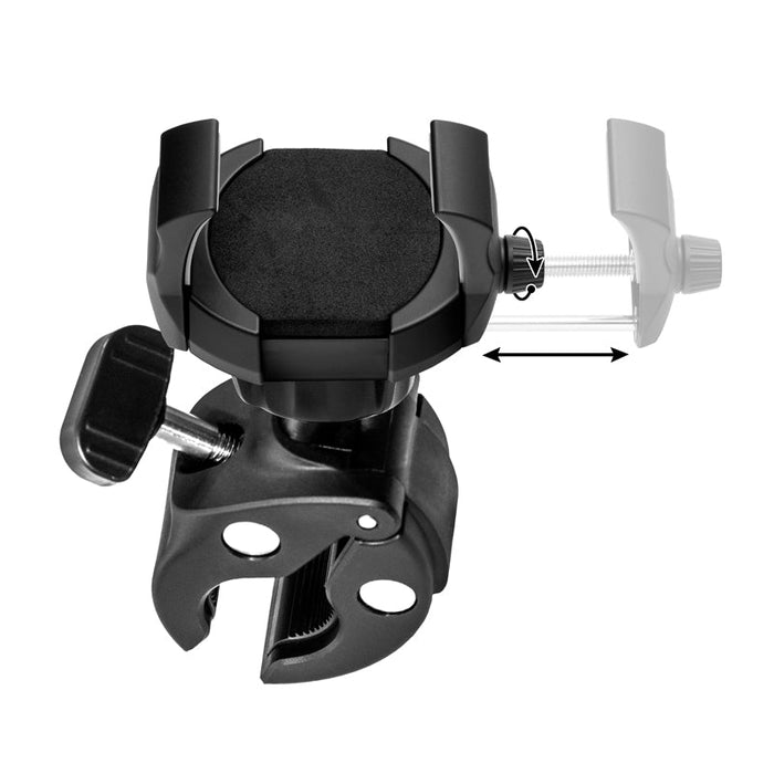 The RoadVise® Ultra Phone and Tablet Clamp Post Mount features a black adjustable clamp with padded circular holder and tightening knobs for securing devices to handlebars or posts; arrows highlight its adjustable parts.