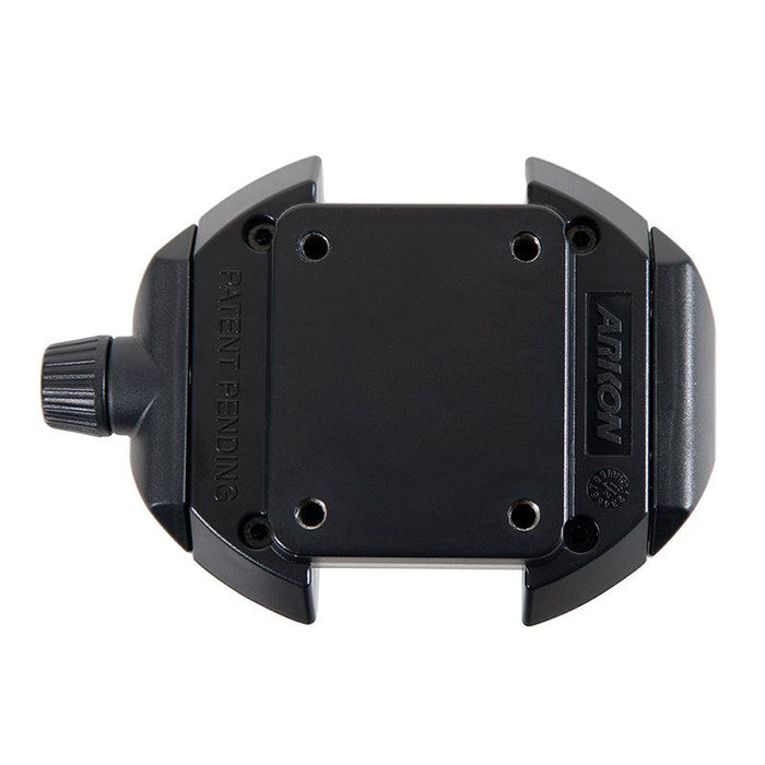 The RoadVise® Ultra Phone and Tablet Holder is a black, rectangular AMPS mount with four screw holes, a side adjustment knob, and “PATENT PENDING” and “ARCA” engraved on its surface.