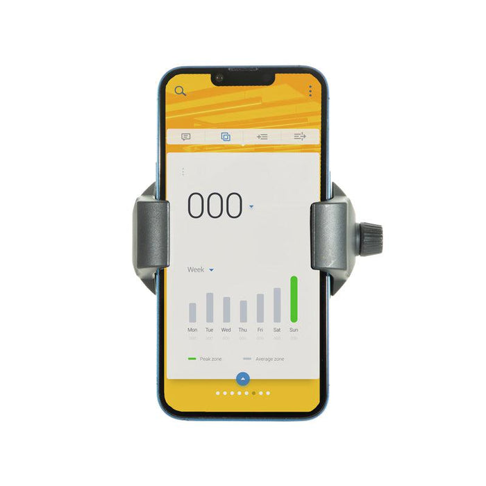 A smartphone showing a bar graph is held in a gray RoadVise® Ultra Phone and Tablet Holder with an AMPS-compatible mount against a white background.