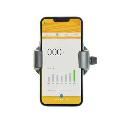 A smartphone showing a bar graph is held in a gray RoadVise® Ultra Phone and Tablet Holder with an AMPS-compatible mount against a white background.