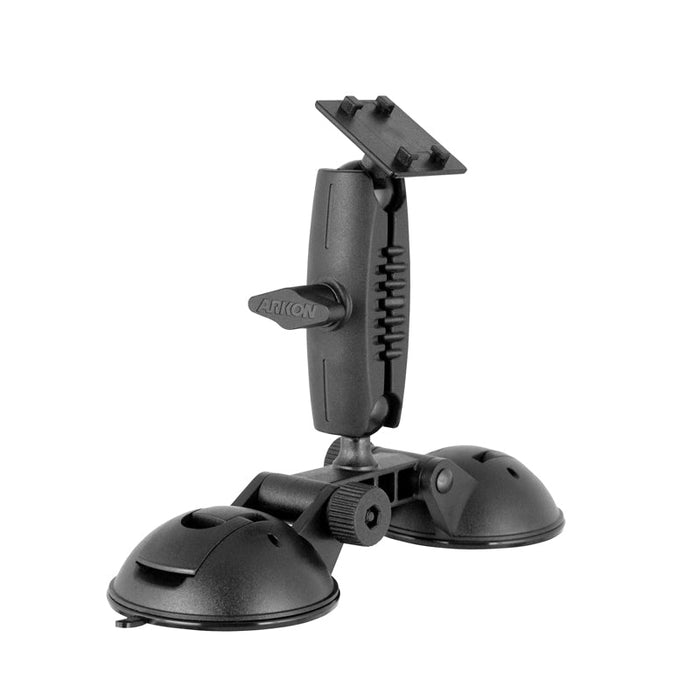 The Robust™ Double Windshield Suction Mount features a black adjustable arm and rectangular plate, offering secure attachment of 4-prong pattern compatible devices to flat surfaces.