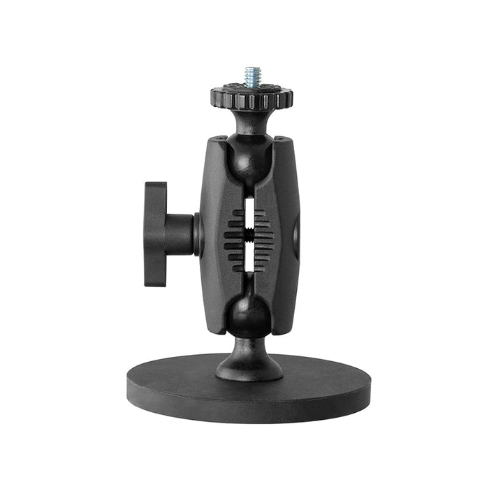 The Robust Magnetic Mount for Cameras and Video Cameras is a black adjustable bracket with a round magnetic base, central pivot joint, and 1/4-20 screw-on top, designed for easy camera mounting. Shown against a white background.