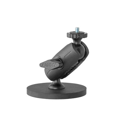 The Robust Magnetic Mount for Cameras and Video Cameras is black with a circular magnetic base, pivoting joint, and top screw knob for 1/4-20 camera attachment. The side features the ARIKON label on a plain white background.
