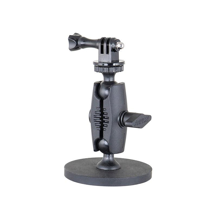 The Robust Magnetic Mount for GoPro Action Cameras is a black, heavy-duty mount with a round base, two pivot joints, and twist knobs for easy angle adjustment, designed to securely hold action cameras.