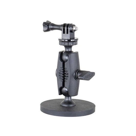 The Robust Magnetic Mount for GoPro Action Cameras is a black, heavy-duty mount with a round base, two pivot joints, and twist knobs for easy angle adjustment, designed to securely hold action cameras.