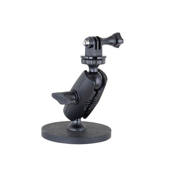 The Robust Magnetic Mount for GoPro Action Cameras is a black, heavy-duty mounting arm with a circular base and pivot joints, designed to securely hold cameras or devices, shown against a white background.