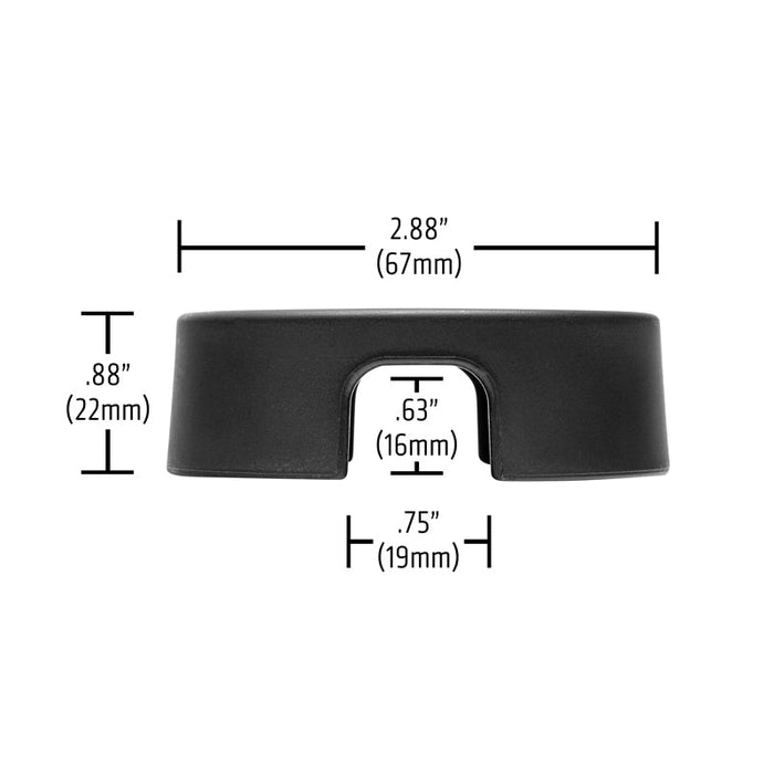 The Round Mounting Spacer AMPS Plate for Cord and Cable Management is black, rounded rectangular, with a central cutout. Dimensions: 2.88 (67mm) wide, 0.88 (22mm) tall, 0.63 (16mm) cutout width, and a 0.75 (19mm) base cutout width.