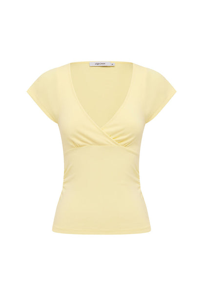 Ruched Plunge Cap-Sleeve Top Limone