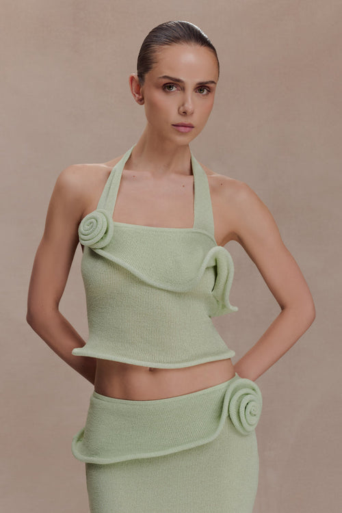 Samira Halter Knit Twist Top - Pastel Green