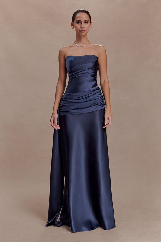 Sarah Strapless Maxi Dress With Waist Tie - Navy