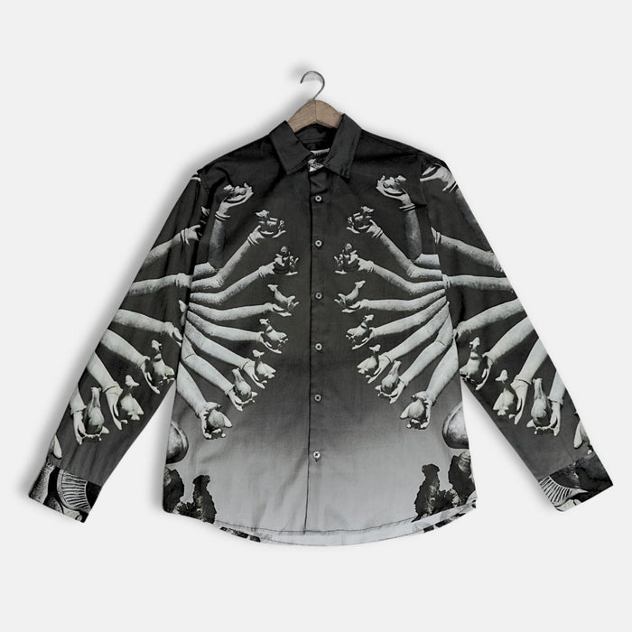SB Sahasrabahu shirt for men in black, flat front view on a hanger, monochrome Hevajra arms artwork