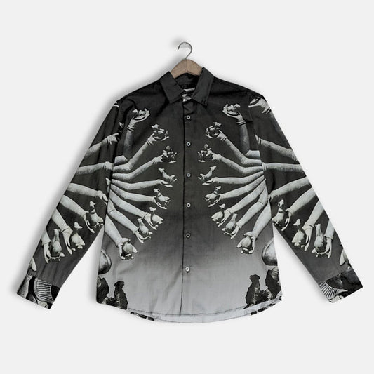 SB Sahasrabahu shirt for men in black, flat front view on a hanger, monochrome Hevajra arms artwork
