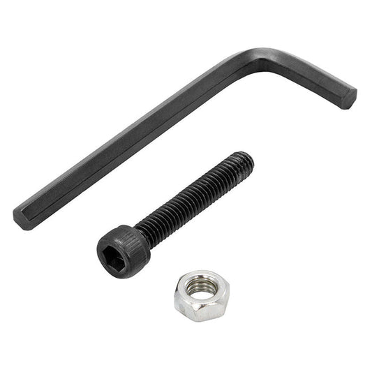 The Security Kit for 25mm Ball Compatible Shaft, featuring a black L-shaped hex key, black hex socket cap screw, and silver hex nut—perfect for Robust Shaft Arms—is displayed on a white background.