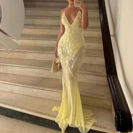 Yellow sequin plunging V-neck backless slit party dress women FTF Market UK