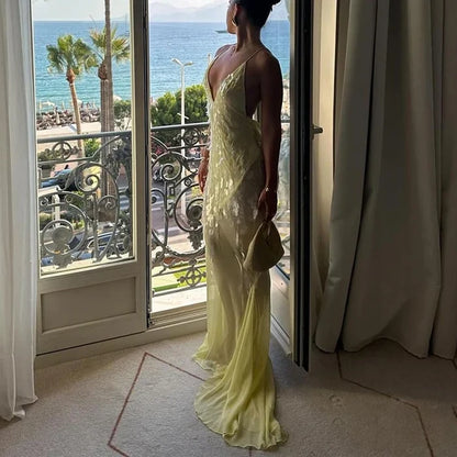Yellow sequin plunging V-neck backless slit party dress women FTF Market UK
