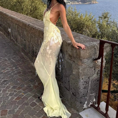 Yellow sequin plunging V-neck backless slit party dress women FTF Market UK