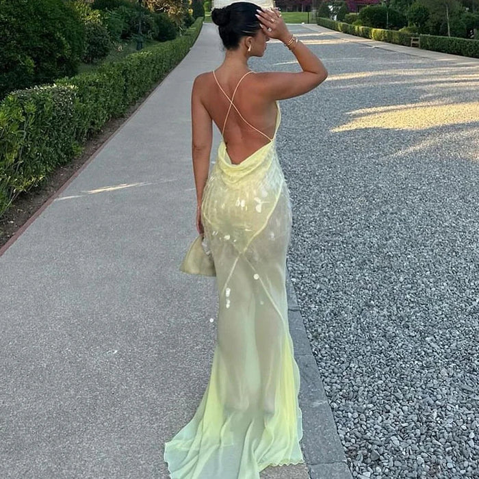 Yellow sequin plunging V-neck backless slit party dress women FTF Market UK