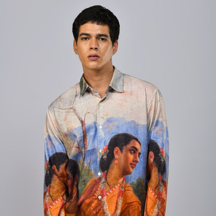 Close view of a man wearing the Shakuntala Vintage shirt, showing the Shakuntala painting on the lower front