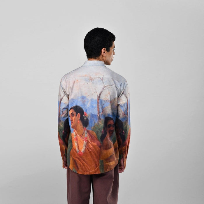 Man wearing the Shakuntala Vintage shirt, back view, with the Shakuntala painting across the lower back