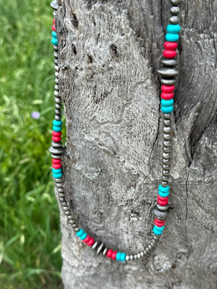 Silver Pearl Multi - Color Stone Beads Necklace