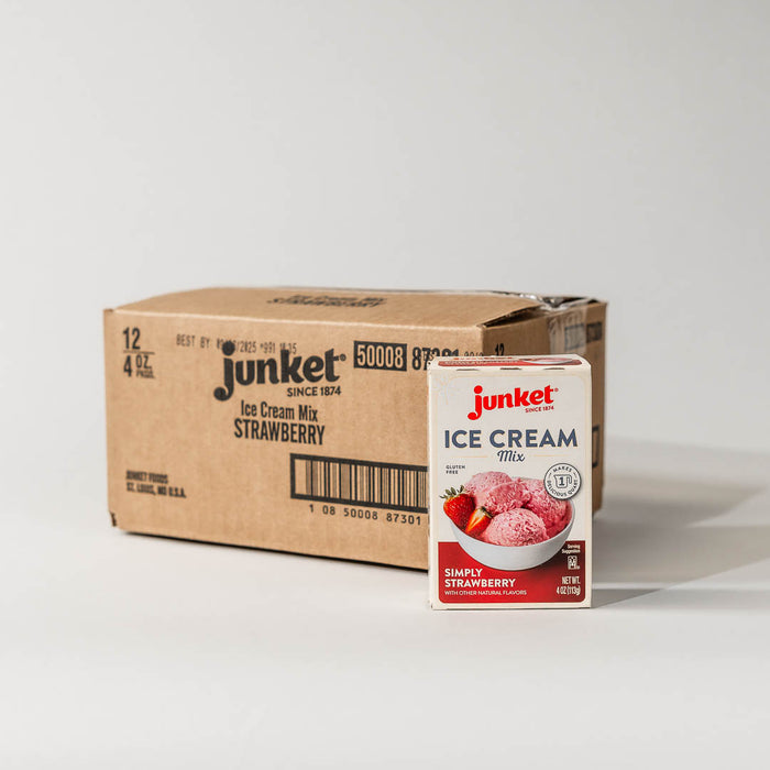 12-pack case of junket simply strawberry ice cream mix with a single pack next to it on a grey background