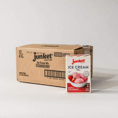 12-pack case of junket simply strawberry ice cream mix with a single pack next to it on a grey background