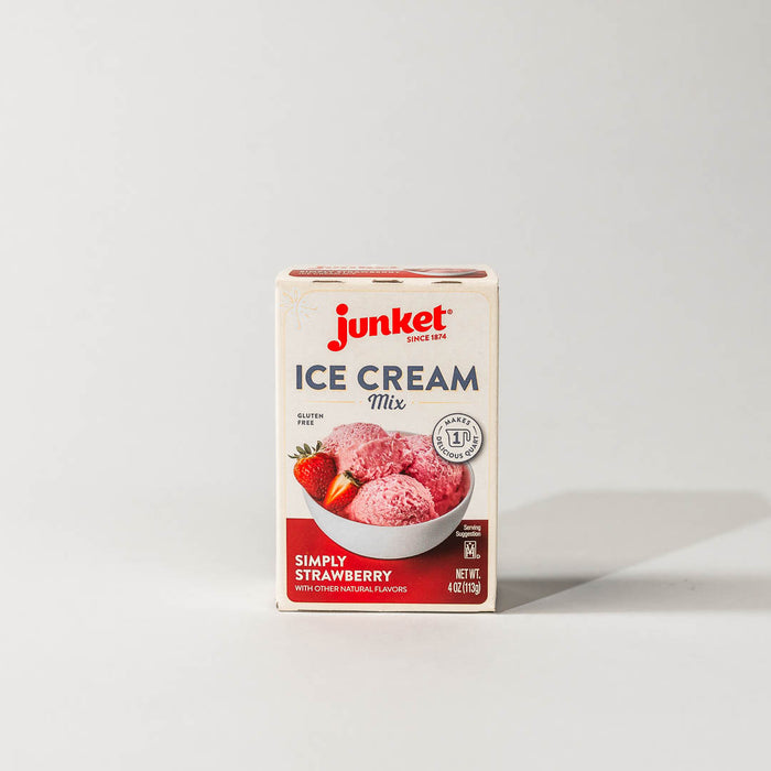 Single pack of junket simply strawberry ice cream mix on a grey background