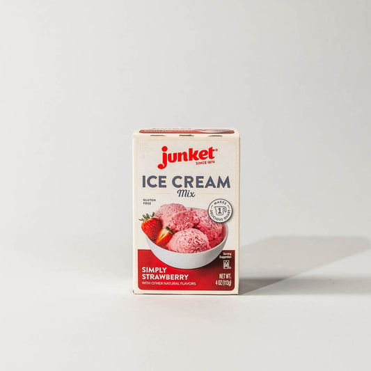 Single pack of junket simply strawberry ice cream mix on a grey background