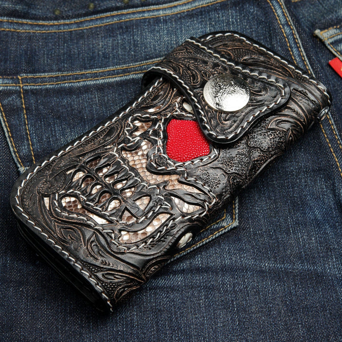 Skull Carved Genuine Leather Large Biker Wallet