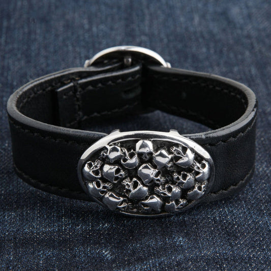 Sterling silver skull leather bracelet for men