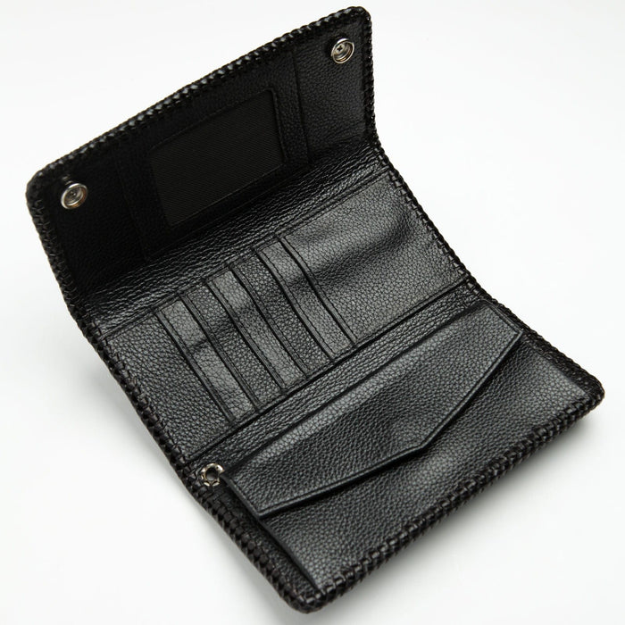 Open interior with clear ID window, six card slots, full-length bill compartment, and snap-flap coin pocket