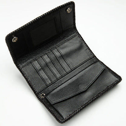 Open interior with clear ID window, six card slots, full-length bill compartment, and snap-flap coin pocket
