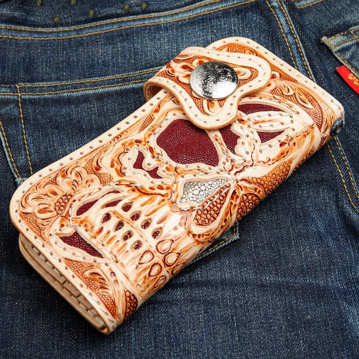 Hand carved skull leather biker wallet with stingray inlay and silver concho closure front view