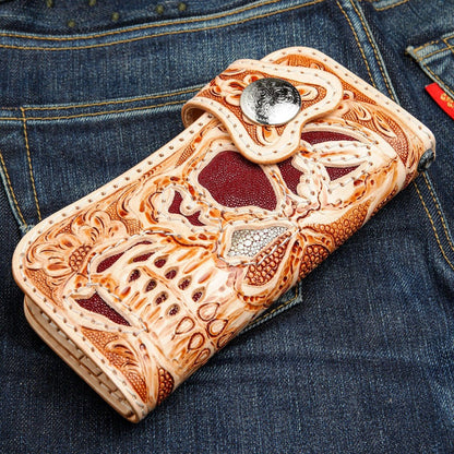 Hand carved skull leather biker wallet with stingray inlay and silver concho closure front view