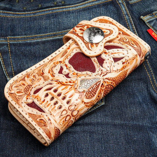 Hand carved skull leather biker wallet with stingray inlay and silver concho closure front view