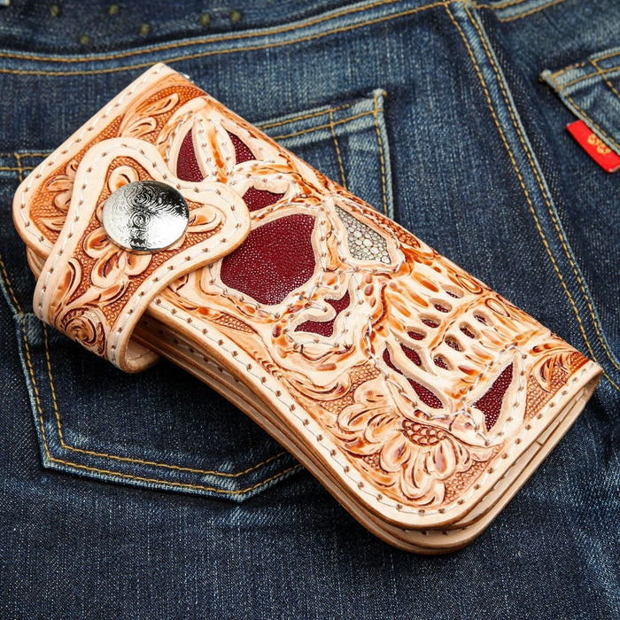 Skull tattoo leather wallet featuring burgundy stingray leather accent detail