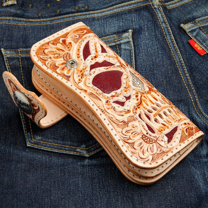 Handmade biker wallet with wallet chain attachment slot and snap button closure
