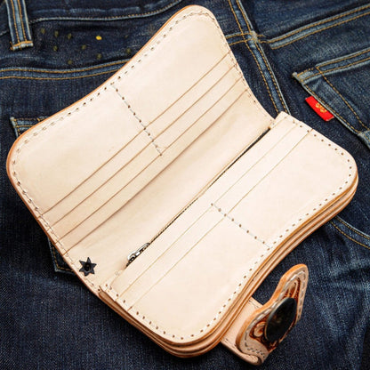 Leather long wallet interior showing 10 card slots and bill compartments