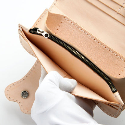 Genuine leather wallet with zippered coin pocket and natural leather interior