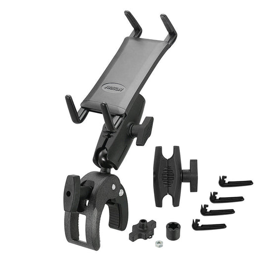 The Slim-Grip® Ultra Phone or Midsize Tablet Clamp Mount with Security Knob in black features a locking clamp, rotating arm, mounting hardware, and four interchangeable cradles shown separately on a white background.