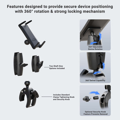 Infographic shows Slim-Grip® Ultra Phone or Midsize Tablet Clamp Mount with Security Knob, featuring 360° adjustable rotation, 360° swivel, two shaft sizes, standard security knob clamp, and optional locking clamp mount.
