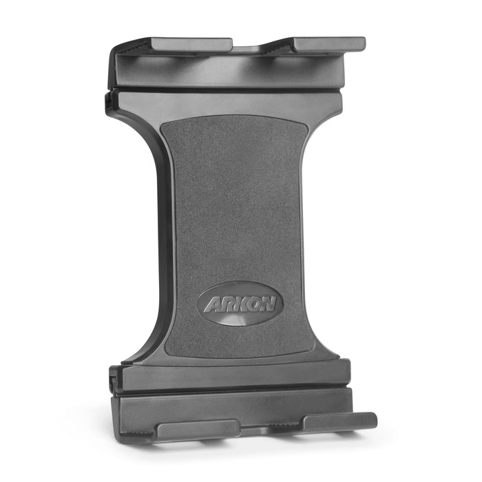 The Slim-Grip® Ultra Pro Universal Tablet Holder features a black, adjustable design with top and bottom gripping arms for secure tablet hold, an Arkon logo at the center, and a dual-T mounting pattern for versatile installation.