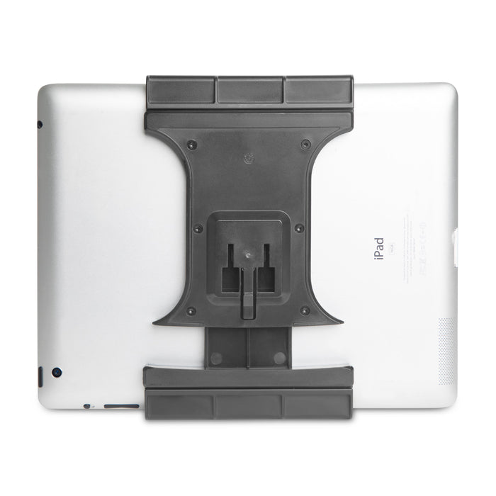 A silver iPad is held in the Slim-Grip® Ultra Pro Universal Tablet Holder with a Dual-T mounting pattern, shown from the back with the black mount covering most of the device.