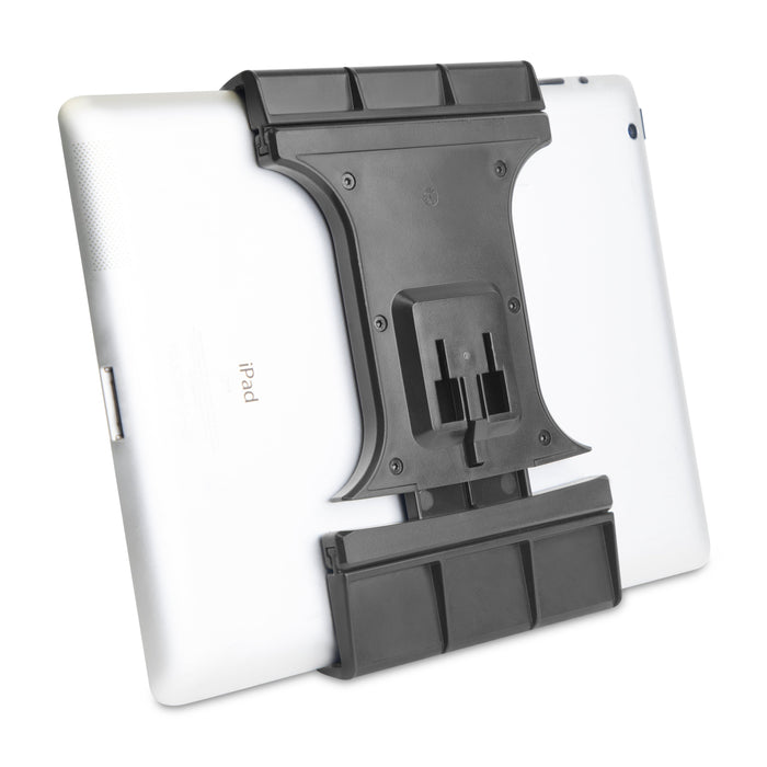 A Slim-Grip® Ultra Pro Universal Tablet Holder w/ Dual-T mounting pattern is attached to the back of a white iPad, featuring central bracket and side grips for enhanced stability and secure tablet placement.