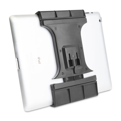 A Slim-Grip® Ultra Pro Universal Tablet Holder w/ Dual-T mounting pattern is attached to the back of a white iPad, featuring central bracket and side grips for enhanced stability and secure tablet placement.