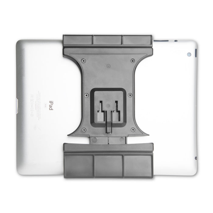 The Slim-Grip® Ultra Pro Universal Tablet Holder with a dual-T mounting pattern is attached to the back of a silver iPad, covering part of the device and laying flat on a white background for a secure grip.