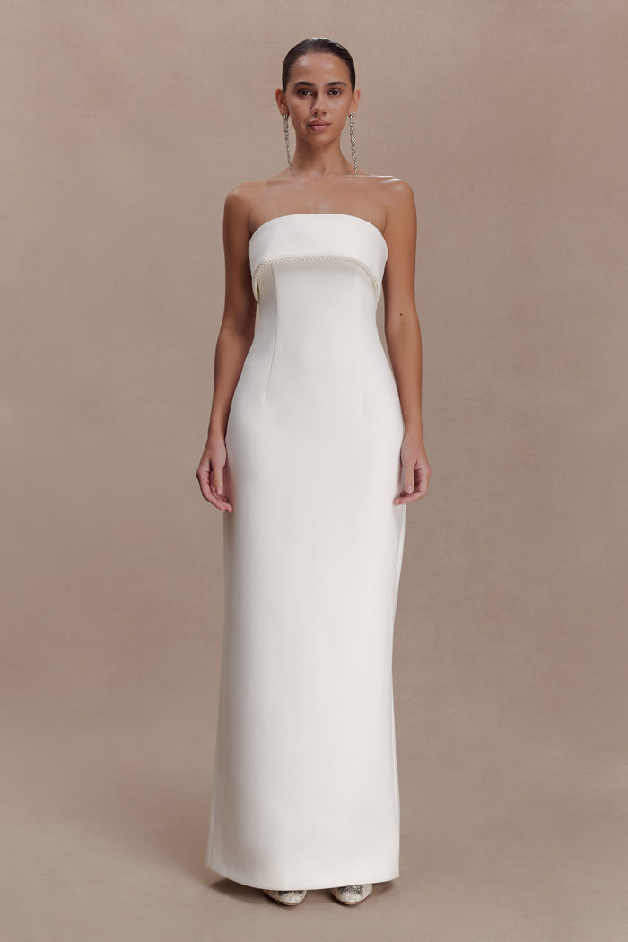 Sloane Strapless Maxi Dress With Pearls - White
