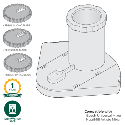 Technical illustration of the NutriMill spiralizer attachment and its parts, along with warranty and care information